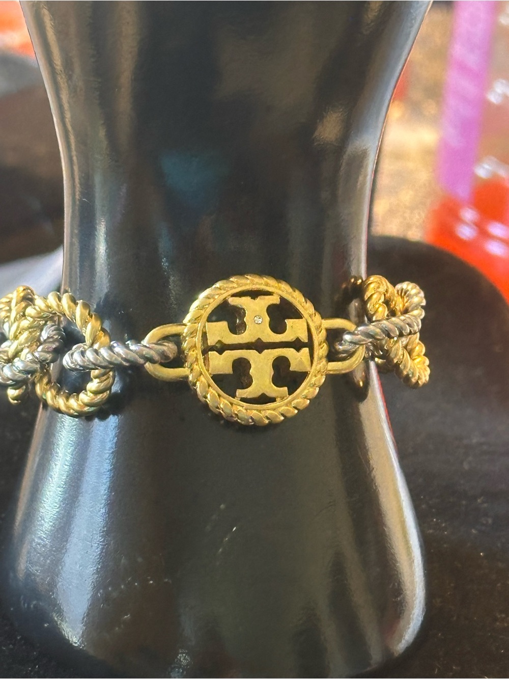 Tory Burch Two-Tone Gold and Silver Rope-Link Logo Bracelet - Picture 4 of 4